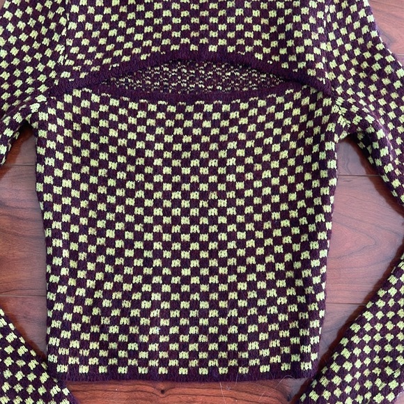 Zara Maroon and Yellow Checkered Pattern Knit Crewneck Cutout Cropped Sweater - Picture 5 of 8